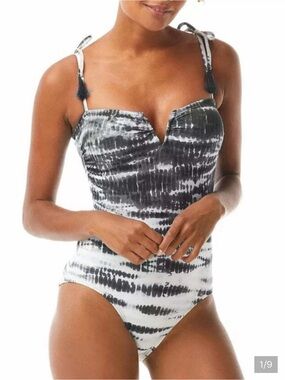 Vince Camuto Black & White Tie-Dye One-Piece Swimsuit with Tassel Straps